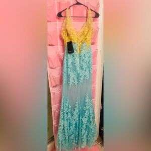 Terani Couture Yellow and Blue Lace Prom Dress